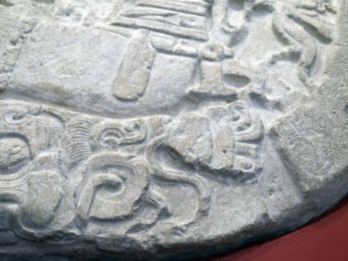 Detail of a Mayan altar exhibited at the National Museum of Archaeology and Ethnology in Guatemala City on September 12, 2018.The 1,500-year-old altar, discovered at La Corona archaeological site in northern Guatemala, evidences the political strategies of the dynasty of the Kaanul Mayan kings to control cities was similar to the popular TV series 'Game of Thrones'. / AFP PHOTO / Johan ORDONEZ