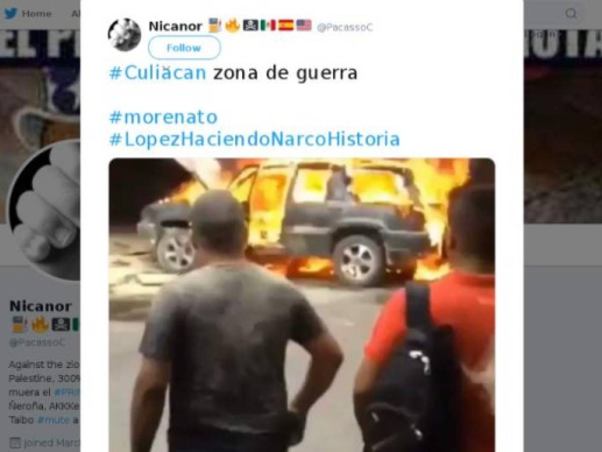 Un video (A) que muestra cómo una camioneta en llamas explota supuestamente en Culiacán, bastión del cártel de la familia de 'El Chapo' se hizo viral.
