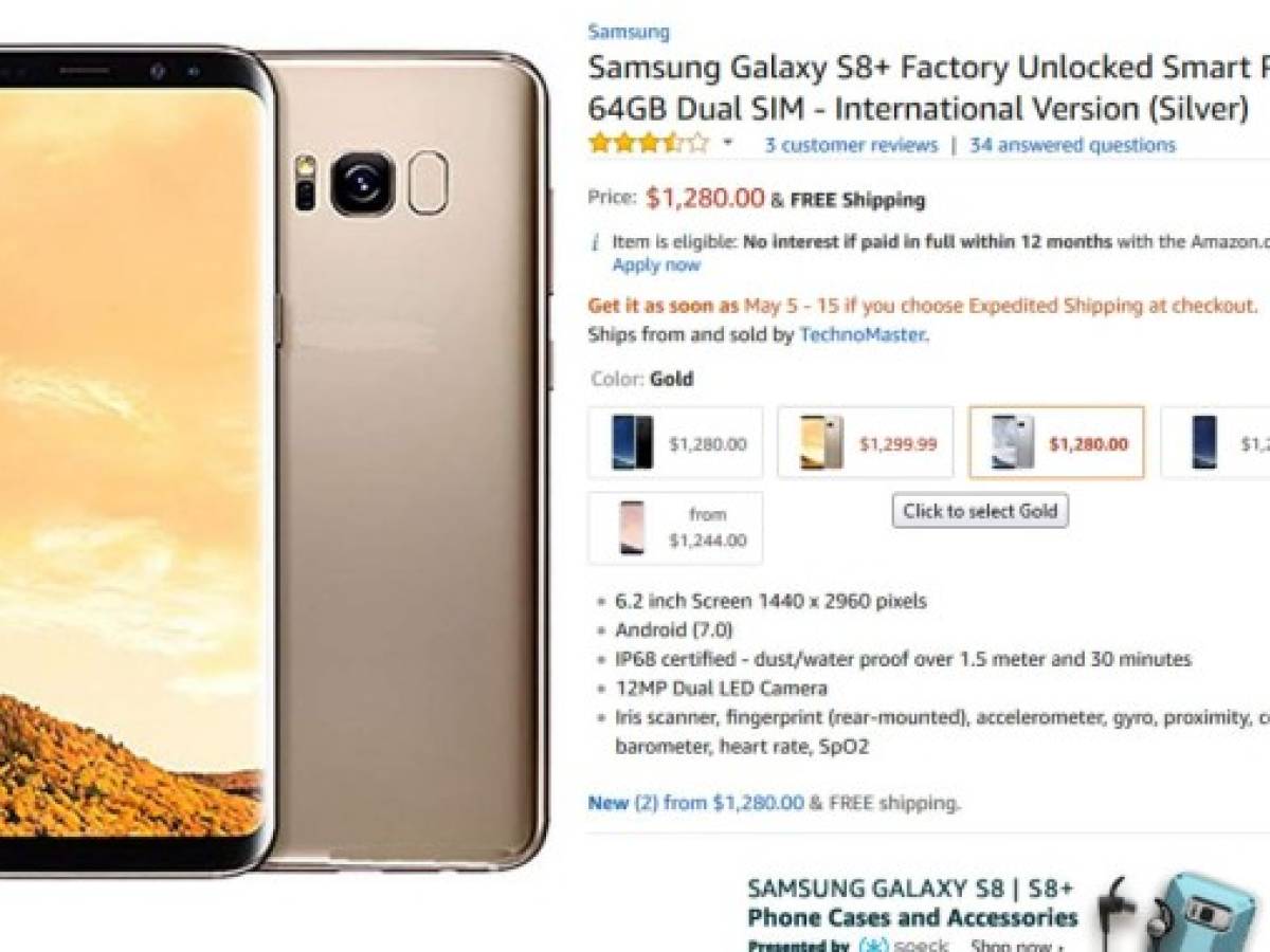 El precio del Galaxy S8 en US 970 y US 1.299 en Amazon