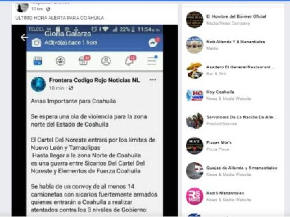 'Se espera una ola de violencia para la zona norte del Estado de Coahuila', señala una publicación (G) que en 12 horas fue compartida más de 800 veces en Facebook. El mensaje se hizo viral la noche del jueves, recién ocurridos los ataques en Culiacán.