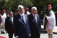 Greece's President Konstantinos Tasoulas (L) and Panama's President Jose Raul Mulino Quintero (R) inspect the honor guard during a welcoming ceremony for the Panama president in Athens, Greece, 02 June 2026. (Grecia, Atenas) EFE/EPA/YANNIS KOLESIDIS