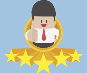 Businessman thumbs up with five star rating. best service and quality concept