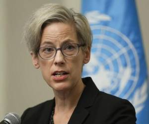 <i>La relatora especial de las Naciones Unidas sobre la Independencia de Magistrados y Abogados, Margaret Satterthwaite, durante una rueda de prensa, en Ciudad de Guatemala (Guatemala). EFE/Mariano Macz</i>