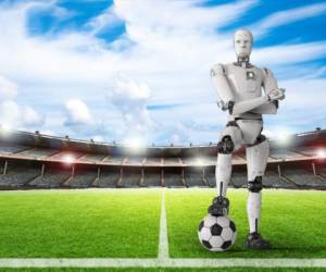 3d rendering humanoid robot with soccer ball