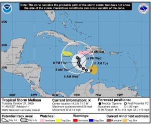 <i>Imagen cedida por la Oficina Nacional de Administración Oceánica y Atmosférica de Estados Unidos (NOAA) a través del Centro Nacional de Huracanes (NHC), donde se muestra el pronóstico de cinco días del paso de la tormenta tropical Melissa por el Caribe. EFE/NOAA-NHC</i>