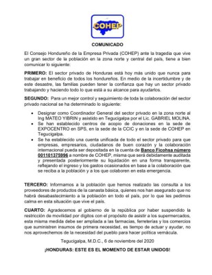 Empresa privada hondureña se une para ayudar a los afectados de Eta