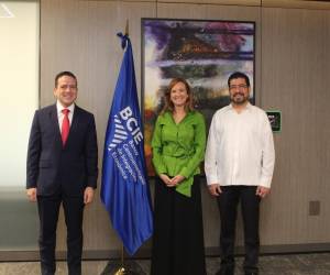<i>El Vicepresidente Ejecutivo, Jaime Roberto Díaz, junto con el Secretario del Banco, Héctor Javier Guzmán, recibieron a Gisela Sánchez, al centro de la imagen. FOTO BCIE</i>