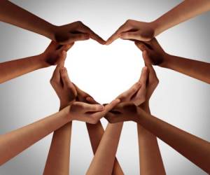 Heart hands as a group of diverse people hands connected together shaped as a love symbol expressing the feeling of being happy and togetherness.