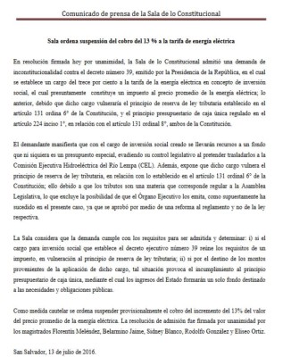El Salvador: Orden judicial suspende nuevo cargo a la electricidad