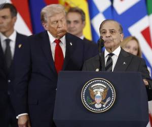 <i>El presidente de Estados Unidos, Donald Trump (i), escucha al primer ministro de Pakistán, Shehbaz Sharif (d). EFE/Yoan Valat/Pool</i>