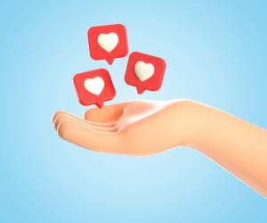 3D illustration of cartoon human hand and like heart icons on a red pins flying around over palm. Social media concept, web icon, like notifications, isolated on blue background.