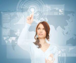 businesswoman touching virtual screen