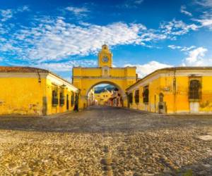 low camera position for shot of the Arch of Santa Catalina in Antigua, Guatemala - one of the icons of this town.