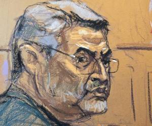 <i>Reproducción fotográfica de un dibujo realizado por la artista Jane Rosenberg, donde aparece el expresidente de Honduras Juan Orlando Hernández mientras espera la sentencia del juicio en su contra, en el tribunal federal del Distrito Sur de Manhattan en Nueva York (EE.UU.). EFE/ Jane Rosenberg</i>