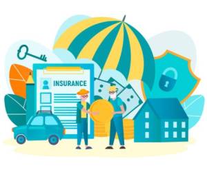 Vector illustration of pension insurance, insurance of savings of elderly people, an elderly man and woman and the objects and characters of insurance: an umbrella, a form of insurance, a shield with a padlock, cash, car, key.