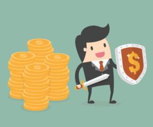 Businessman Protecting Money With Shield And Sword. Business Concept Cartoon Illustration.