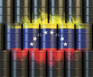 Oil fuel of Venezuela energy concept. Venezuelan flag painted on oil barrels. 3d illustration