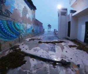 View of a pathway during the arrival of Hurricane Grace to the coast of the Riviera Maya in Cancun, Mexico, on August 19, 2021. - Hurricane Grace made landfall along Mexico's eastern Yucatan peninsula on Thursday, clocking winds of 80 miles (130 kilometers) per hour as the National Hurricane Center warned of a 'dangerous storm surge' in the area. (Photo by ELIZABETH RUIZ / AFP)