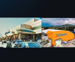 La evolución de Diunsa: A la izquierda, 1994 en la inauguración de Diunsa Superstore y la derecha en 2025, en Villanueva, la más reciente de las tiendas de la cadena hondureña.