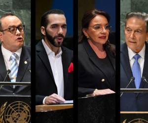 <i>Alejandro Giammattei, Nayib Bukele, Xiomara Castro y Laurentino Cortizo, subieron al estrado de la organización, en Nueva York, Estados Unidos, ente el 19 y 20 de septiembre. Fotos AFP/E&amp;N</i>