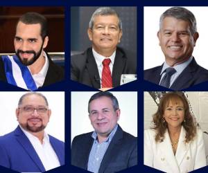 <i>Candidatos a la presidencia (de izquierda a derecha) por El Salvador por los partidos Nuevas Ideas, FMLN, Nuestro Tiempo, Arena, Fuerza Solidaria y FPS. FOTOS TOMADAS DE SUS REDES SOCIALES. </i>