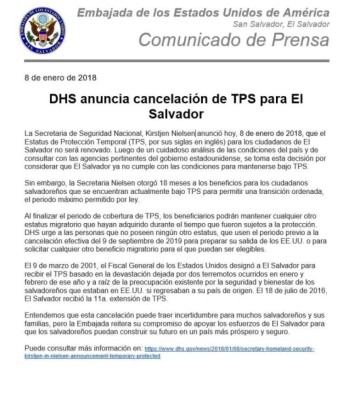 EEUU revoca TPS para unos 200.000 salvadoreños