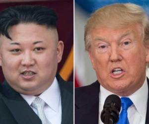 (FILES)(COMBO) This combo of file photos shows an image (L) taken on April 15, 2017 of North Korean leader Kim Jong-Un on a balcony of the Grand People's Study House following a military parade in Pyongyang; and an image (R) taken on July 19, 2017 of US President Donald Trump speaking during the first meeting of the Presidential Advisory Commission on Election Integrity in Washington, DC.An escalating war of words between Donald Trump and Kim Jong-Un ratcheted up a notch on September 22, 2017 as the US president dubbed North Korea's leader a 'madman,' a day after the reclusive regime hinted it may explode a hydrogen bomb over the Pacific Ocean. Hours earlier, in a rare personal attack, Kim took aim at Trump, branding him 'mentally deranged' and warning he would 'pay dearly' for his threat to destroy North Korea if challenged, uttered before the United Nations General Assembly. / AFP PHOTO / SAUL LOEB AND Ed JONES