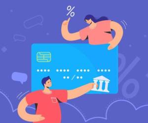 Family banking and blue credit card interest rate. Flat vector illustration of man and woman holding a big credit card to represent some new features online banking and investing money for profit