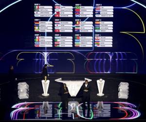 <i>Los grupos se exhiben al final del sorteo final de la Copa Mundial de la FIFA 2026 en el Kennedy Center en Washington DC, EE. UU., el 5 de diciembre de 2025. (Mundial de Fútbol) EFE/EPA/SHAWN THEW</i>