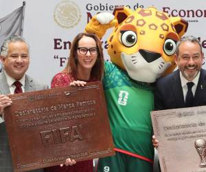 El director general del Instituto Mexicano de la Propiedad Industrial (IMPI), Santiago Nieto (i); la representante del Gobierno de México para la organización de la Copa Mundial de la FIFA 2026, Gabriela Cuevas (c), y el director general de FIFA en México, Jürgen Mainka, posan durante una rueda de prensa este jueves en Ciudad de México (México). EFE/ Mario Guzmán