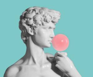 replica of david sculpture medium shot with bubble gum