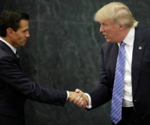 Mexican President Enrique Pena Nieto (L) and US presidential candidate Donald Trump shake hands after a meeting in Mexico City on August 31, 2016.Donald Trump was expected in Mexico Wednesday to meet its president, in a move aimed at showing that despite the Republican White House hopeful's hardline opposition to illegal immigration he is no close-minded xenophobe. Trump stunned the political establishment when he announced late Tuesday that he was making the surprise trip south of the border to meet with President Enrique Pena Nieto, a sharp Trump critic. / AFP PHOTO / YURI CORTEZ