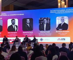 <i>El panel contó con la intervención de Eric Campos, presidente ejecutivo BAC en Guatemala; Roberto Lara, CEO de Castillo Hermanos; Héctor Leal, CEO de Grupo Cayalá; y Enrique Crespo, CEO de CMI Capital. FOTO E&amp;N</i>
