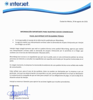 Interjet dice que es falso que se encuentre en quiebra técnica