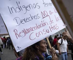 <i>Miembros indígenas de organizaciones sociales participan en una vigilia para apoyar la democracia frente al Palacio Nacional de la Cultura, antigua sede del Gobierno en la Ciudad de Guatemala, el 13 de enero de 2024. FOTO MARTIN BERNETTI / AFP</i>