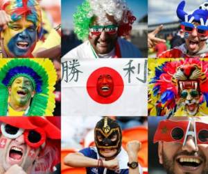 (COMBO) This combination of pictures created on June 21, 2018 shows fans from different countries supporting various countries as they attend matches in the Russia 2018 World Cup football tournament. / AFP PHOTO / -