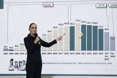 <i>La presidenta de México, Claudia Sheinbaum, habla en una rueda de prensa este jueves, en el Palacio Nacional en Ciudad de México (México). EFE/ José Méndez</i>