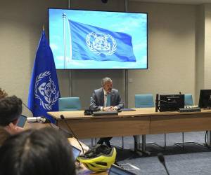 <i>El secretario de la Organización Marítima Internacional (OMI), Arsenio Domínguez, durante la rueda de prensa ofrecida este lunes. EFE/Organización Marítima Internacional (OMI)./</i>