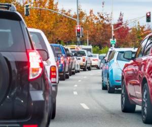 Heavy afternoon traffic in Mountain View, Silicon Valley, California; cars stopped at a traffic light