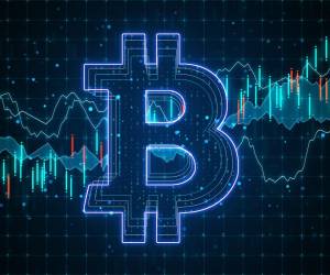 <i>E-commerce concept with big glowing bitcoin circuit at business statistic graphs background. 3D Rendering</i>