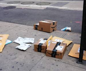 NEW YORK, NEW YORK - APRIL 09: A view of Amazon packages on the sidewalk during the coronavirus pandemic on April 09, 2020 in New York City. COVID-19 has spread to most countries around the world, claiming 96,000 lives with infections at 1.6 million people. Cindy Ord/Getty Images/AFP