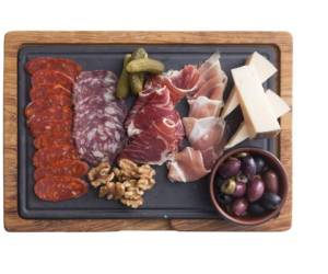 Spanish cold cuts (embutidos). Cheese, sausage and ham on wooden table