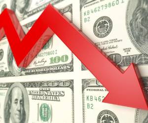 Red arrow And dollar finance decline graph. (Red arrow shows dollar's decline index ) Finance chart, dollar, and red arrow concept.