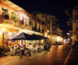 Panama City, Panama - October 20, 2014: Visitors and locals alike enjoy dining in the quaint and historic surroundings along the streets of Panama's old quarter.
