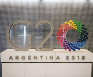Handout picture released by the G20 Press Office showing the logo of the G20 meeting of Finance Ministers and Central Bank Governors taking place in Argentina, in Buenos Aires, on July 21, 2018. / AFP PHOTO / G20 PRESS OFFICE / HO / RESTRICTED TO EDITORIAL USE - MANDATORY CREDIT 'AFP PHOTO / G20 PRESS OFFICE' - NO MARKETING NO ADVERTISING CAMPAIGNS - DISTRIBUTED AS A SERVICE TO CLIENTS