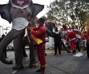 Mahouts puso disfraces de Papá Noel y máscaras faciales en elefantes del Palacio de Elefantes de Ayutthaya antes del evento para entregar máscaras faciales a los estudiantes fuera de la escuela Jirasat Wittaya en la provincia central tailandesa de Ayutthaya el 23 de diciembre de 2020 (Foto de Lillian SUWANRUMPHA / AFP)