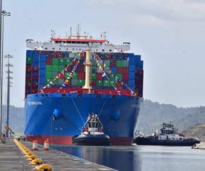 Chinese Cosco Shipping Rose container ship sails the newly inaugurated Cocoli locks, during the visit of China's President Xi Jinping, in the Panama Canal, on December 3, 2018. - Chinese President Xi Jinping is on an official visit to Panama after attending the G20 Summit in Argentina. (Photo by Luis Acosta / AFP)