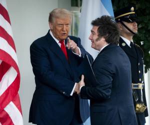 <i>El presidente de EE.UU., Donald Trump, y el mandatario de Argentina, Javier Milei, el 14 de octubre de 2025. EFE/WILL OLIVER</i>