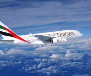 This picture shows an Airbus A380 of the Emirates airline during landing on September 24, 2019 at the airport in Duesseldorf, western Germany. (Photo by Ina FASSBENDER / AFP)