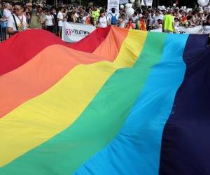 <i>Los participantes muestran una bandera con los colores del arcoíris durante el desfile del Orgullo LGBTIQ (lesbianas, gays, bisexuales, transgénero, intersexuales y queer) en Madrid el 1 de julio de 2023. (Foto de Pierre-Philippe MARCOU / AFP)</i>